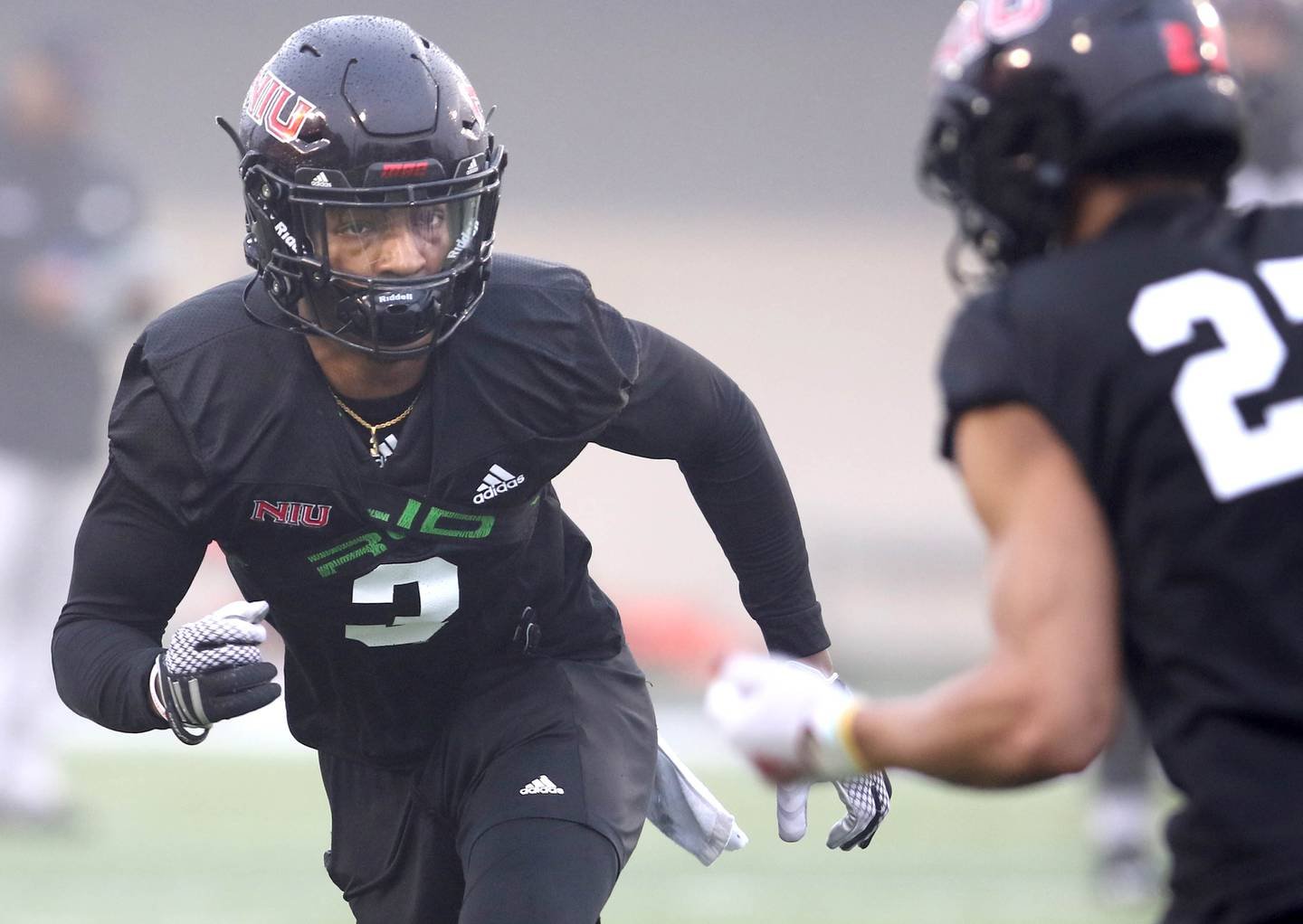 Northern Illinois University safety Devin Lafayette works on covers during spring practice Wednesday, March 23, 2022, at NIU in DeKalb.