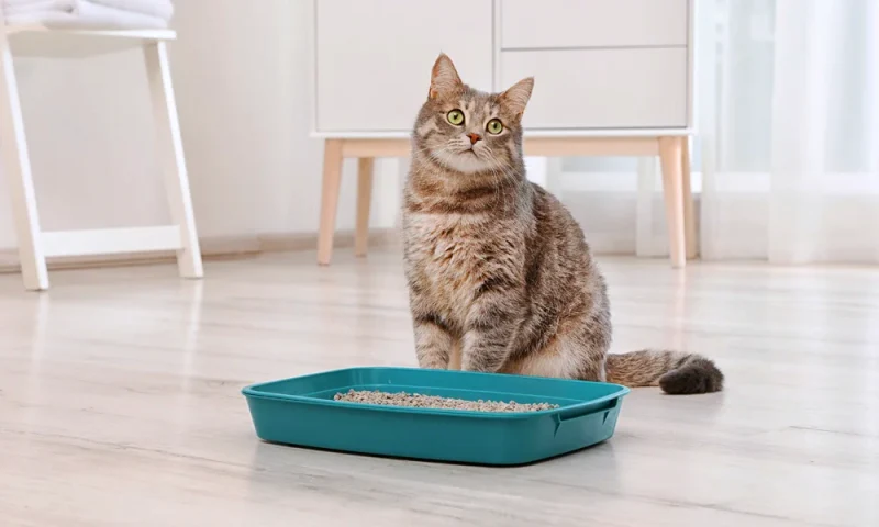 cat in a kitchen next to the litter box
