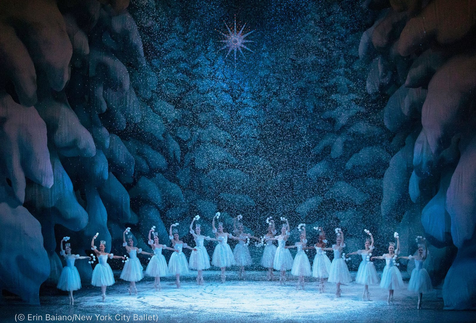 Ballerinas dance on a snowy stage (© Erin Baiano/New York City Ballet)