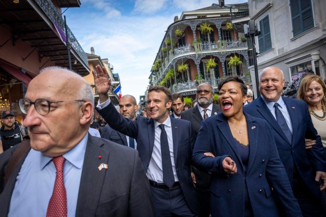 Emmanuel Macron with New Orleans Mayor LaToya Cantrell in the French Quarter, a historic district in the Louisiana city, on December 2, 2022.