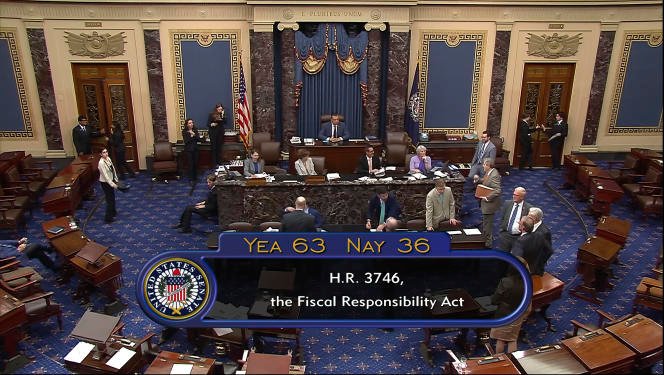This television image from the U.S. Senate shows the final vote on the bill to raise the debt ceiling, June 1, 2023, in Washington.