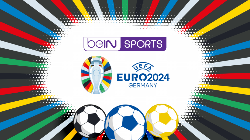 Logo for beIN SPORTS and UEFA EURO 2024 Germany on a multicolored background with footballs at the bottom