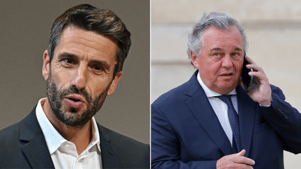 Tony Estanguet (à gauche), President of Paris 2024, and Olivier Ginon (à droite), President of GL Events. Illustration. (Fabrice COFFRINI / Ludovic MARIN / AFP)