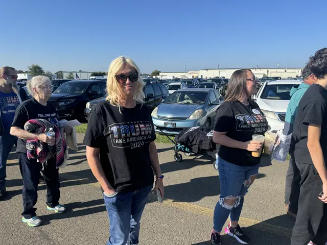 Marann Moore, an Ohio resident, speaks to the BBC wearing a pro-Trump T-shirt