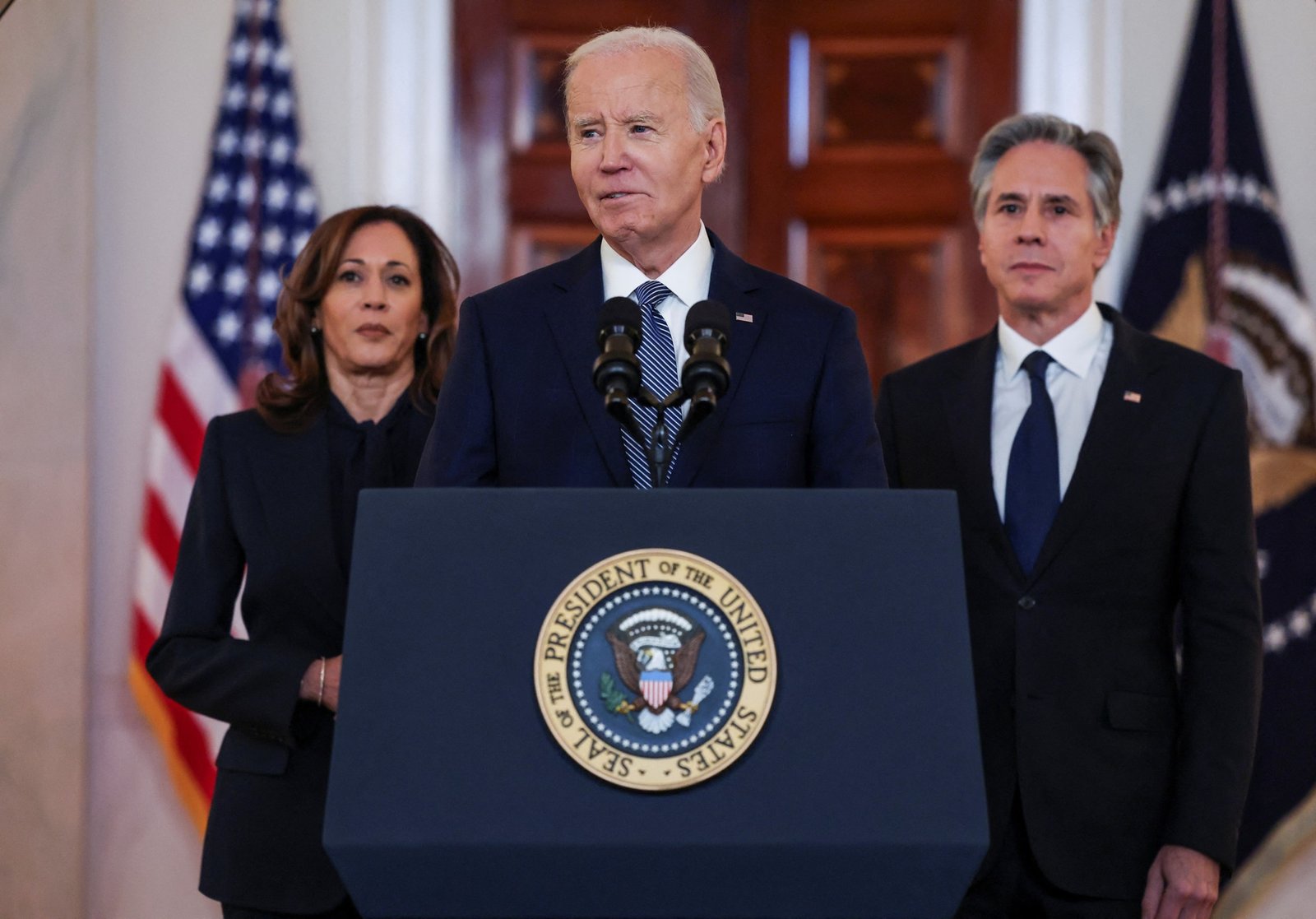 PHOTO: President Joe Biden, flanked by Vice President Kamala Harris and Secretary of State Antony Blinken, speaks after negotiators reached an incremental agreement on a Gaza ceasefire during remarks at the White House in Washington, January 15, 2025.