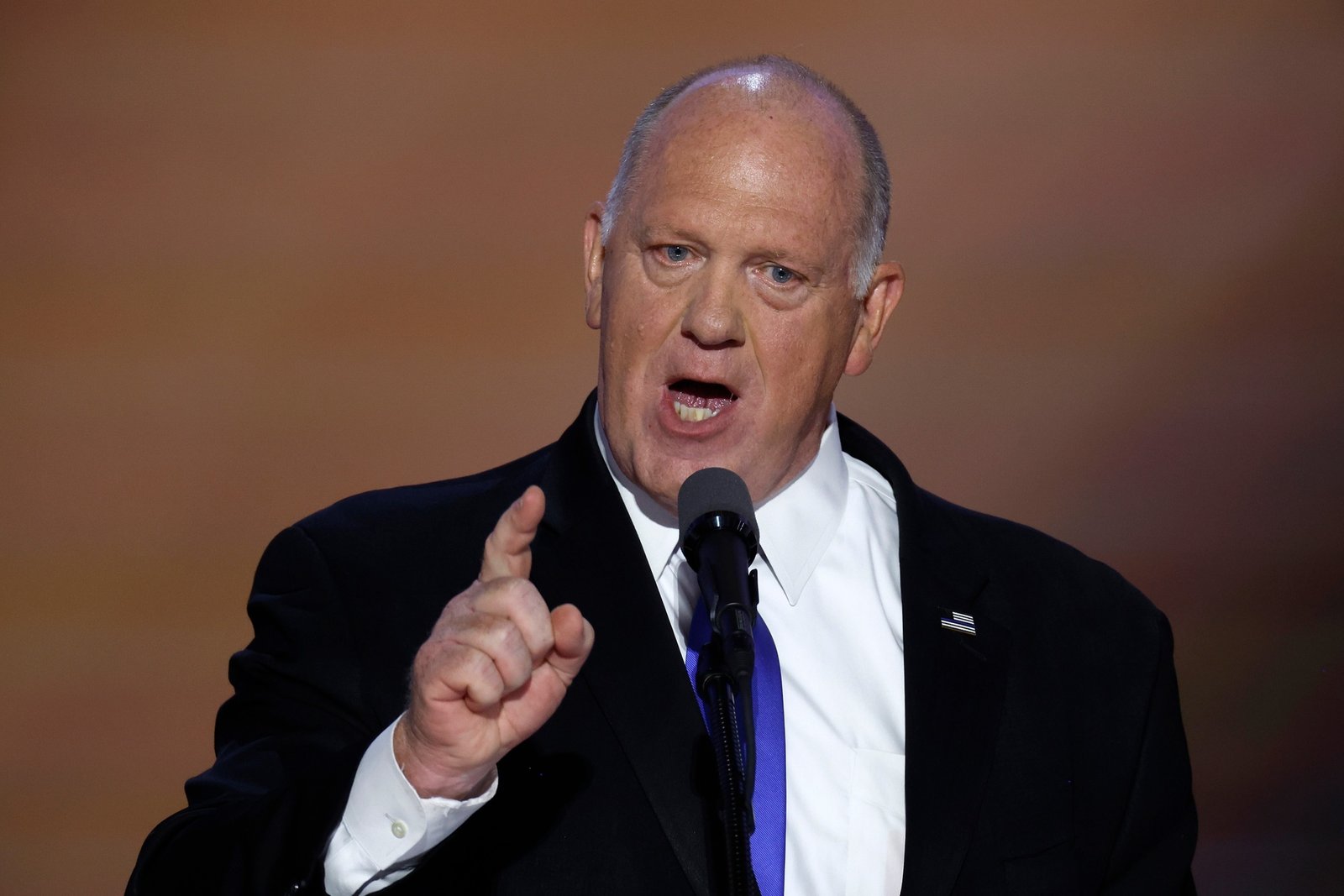 PHOTO: In this July 17, 2024, file photo, former acting director of Immigration and Customs Enforcement Thomas Homan speaks on stage during the third day of the Republican National Convention at the Fiserv Forum in Milwaukee, Wisconsin. 